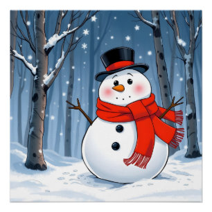 Snowman in cold forest with red scarf poster