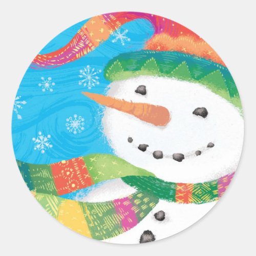 Snowman in Colorful Scarf and Stocking Hat Classic Round Sticker