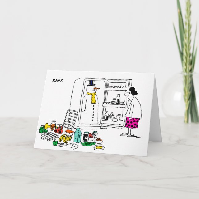 Snowman in fridge Xmas card (Front)