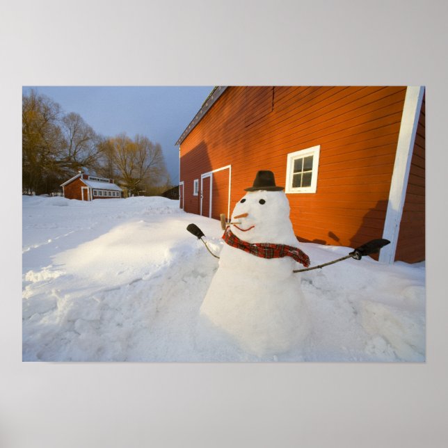 Snowman in front of red barn in Columbia Falls Poster (Front)