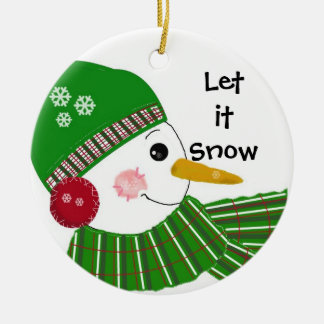 Snowman in Green Hat and Scarf Ceramic Ornament