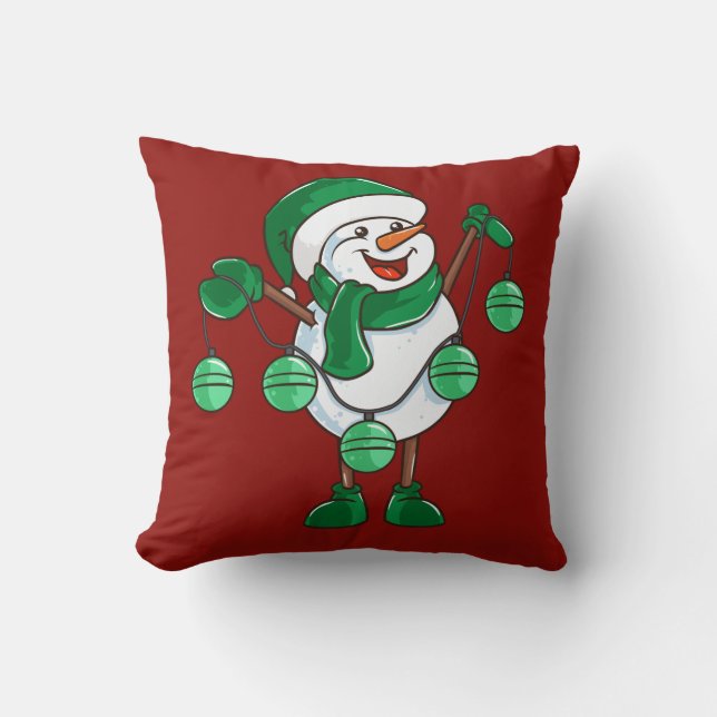 Snowman in Green Scarf | Funny Christmas Gift Throw Pillow (Front)