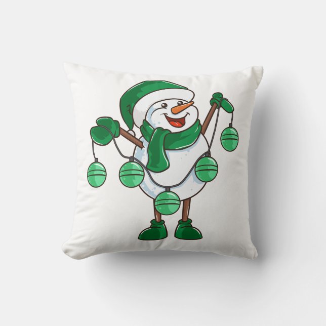 Snowman in Green Scarf | Funny Christmas Gift Throw Pillow (Front)