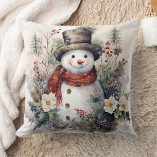 Snowman in Hat Throw Pillow