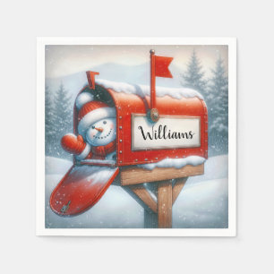 Snowman In Holiday Mailbox With Custom Name Napkins