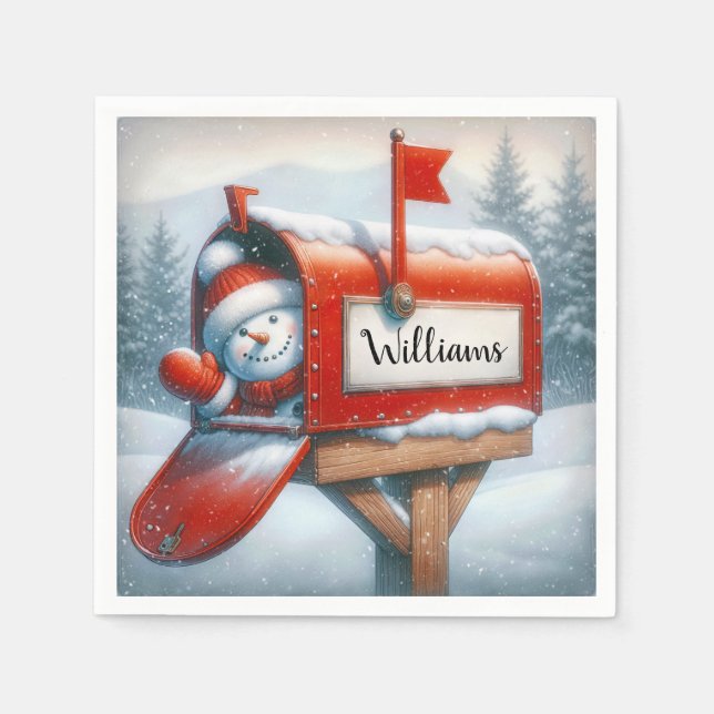 Snowman In Holiday Mailbox With Custom Name Napkins (Front)
