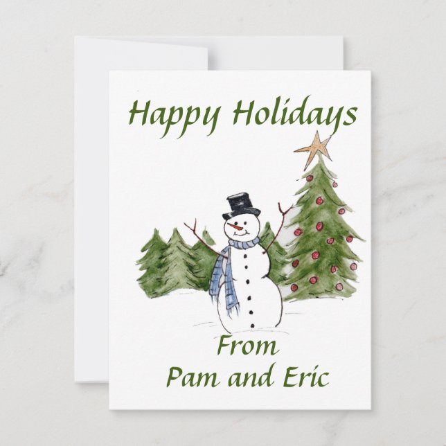 Snowman in Pine Trees Greets the Season Holiday Ca (Front)