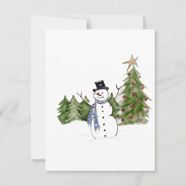 Snowman in Pine Trees Greets the Season Holiday Card (Front)