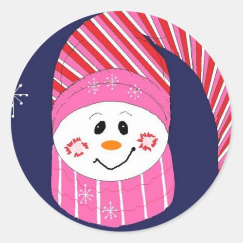 Snowman in Pink and Red Hat Classic Round Sticker