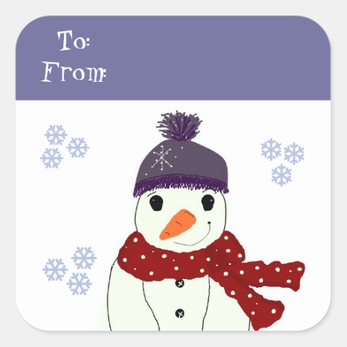 Snowman in Purple Hat and Red Scarf Square Sticker