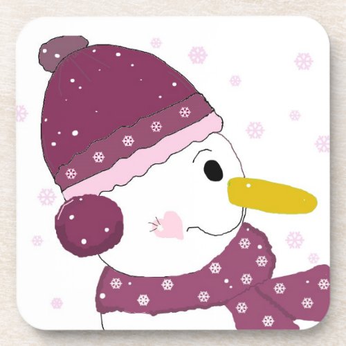 Snowman in Purple Hat and Scarf Beverage Coaster