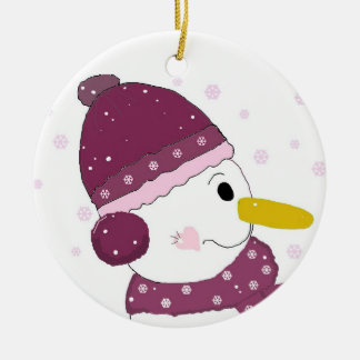 Snowman in Purple Hat and Scarf Ceramic Ornament