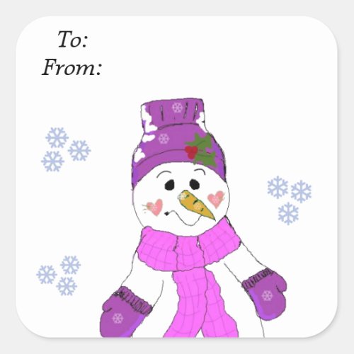 Snowman in Purple Hat and Scarf Square Sticker