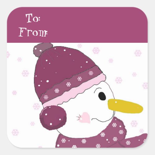 Snowman in Purple Hat and Scarf Square Sticker