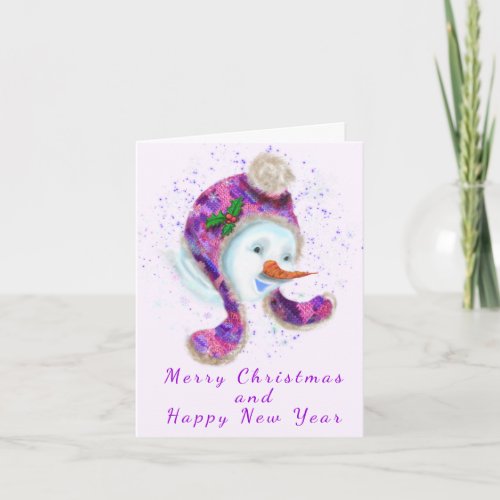 Snowman In Purple Pink Hat Christmas Card