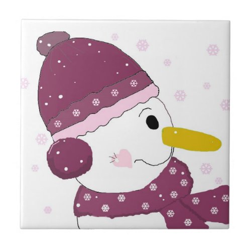Snowman in Purple Scarf and Hat Ceramic Tile