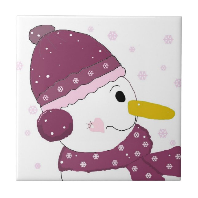 Snowman in Purple Scarf and Hat Ceramic Tile (Front)