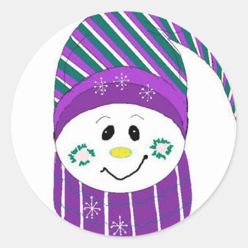 Snowman in Purple Striped Hat Classic Round Sticker