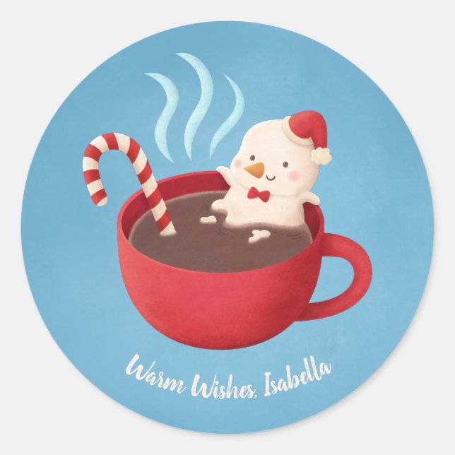 Snowman in Red Cup Warm Wishes Christmas Stickers (Front)