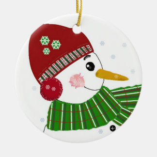 Snowman in Red Hat and Green Scarf Ceramic Ornament
