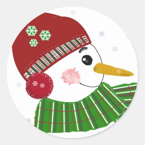 Snowman in Red Hat and Green Scarf Classic Round Sticker