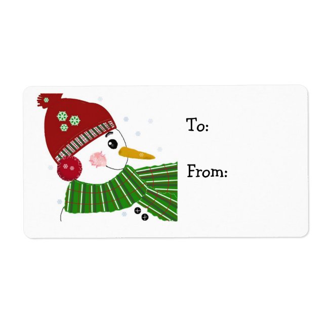 Snowman in Red Hat and Green Scarf Label (Front)