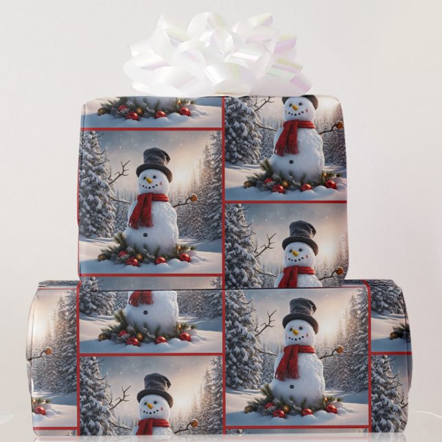 Snowman in Red Wool Scarf Carrot Nose Christmas Wrapping Paper (Creator Uploaded)