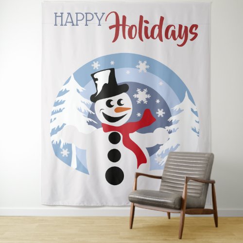 Snowman in snow happy holidays cartoon fun tapestry