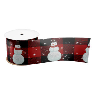 Snowman in Snow on Buffalo Plaid Satin Ribbon