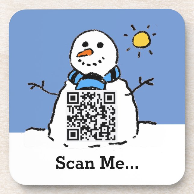 Snowman in Sunshine with QR Code Beverage Coaster (Front)