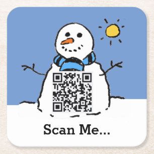 Snowman in Sunshine with QR Code Square Paper Coaster