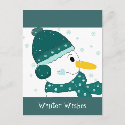 Snowman in Teal Green Hat and Scarf Postcard