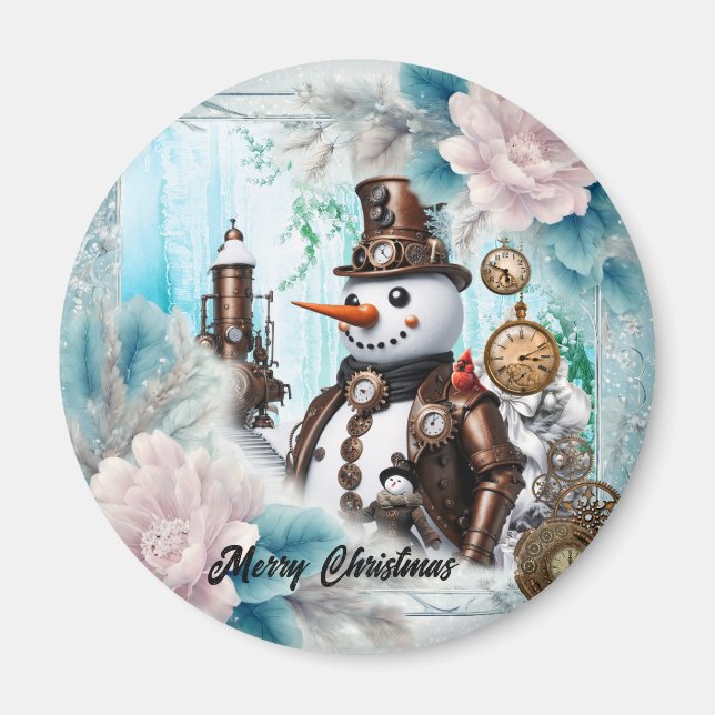 Snowman in Time! Steampunk Snowman Magnet (Front)