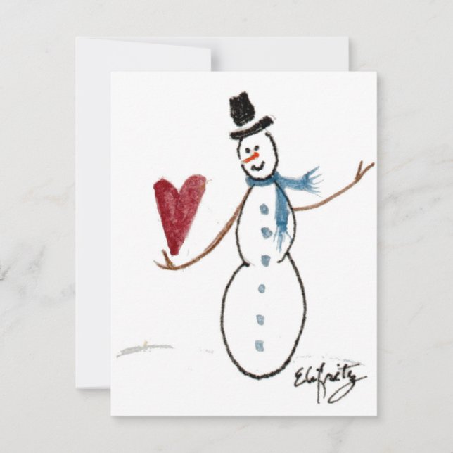 Snowman in TopHat Dances with a Red Heart Holiday  Card (Front)