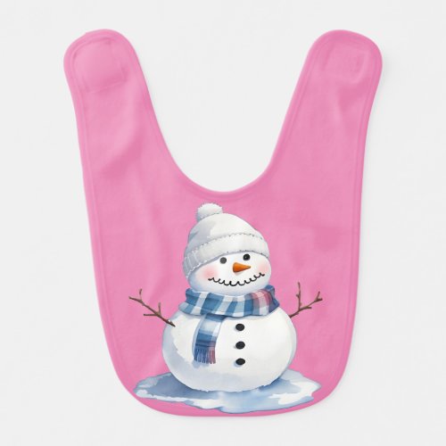 Snowman in White Hat and Plaid Scarf Baby Bib