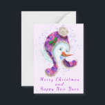 Snowman In Winter Hat Christmas Card<br><div class="desc">Christmas Cards with Happy Snowman In Purple Pink Beanie Winter Hat Fun Christmas Painting Collection Christmas Card - Customizable - or Choose / Add Your Unique Text / Name / Color / Size - Make Your Special Card Gift - Resize and move or remove / add elements - image /...</div>