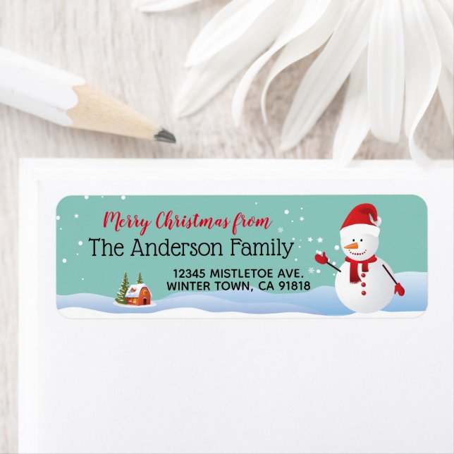 Snowman in Winter Town Return Address Label (Insitu)