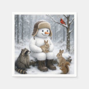 Snowman In Winter Woods With Animal Friends Napkins
