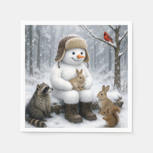 Snowman In Winter Woods With Animal Friends Napkins (Front)
