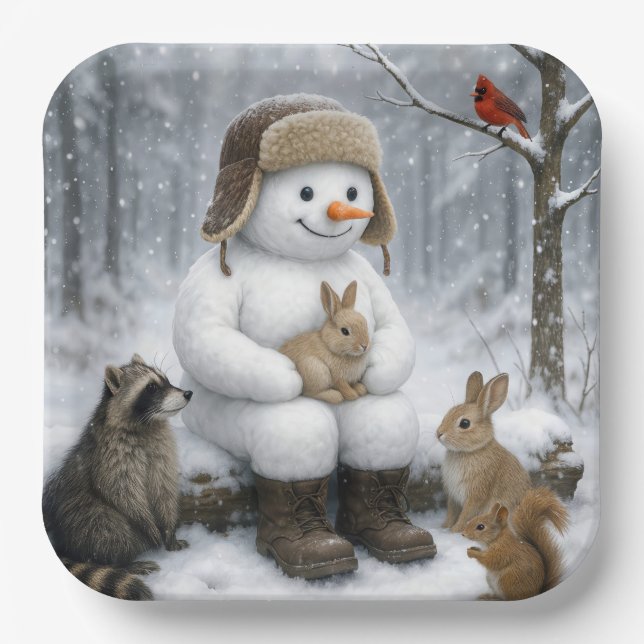 Snowman In Winter Woods With Animal Friends Paper Plates (Front)