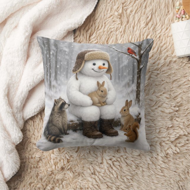 Snowman In Winter Woods With Animal Friends Throw Pillow (Blanket)