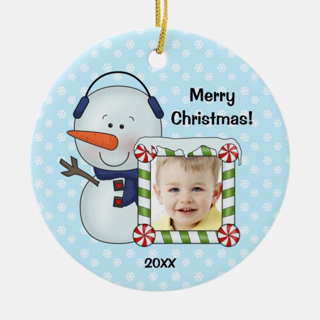 Snowman Kids Christmas Photo Personalized Ceramic Ornament (Front)
