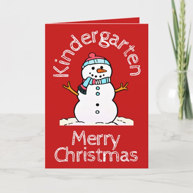 Snowman Kindergarten Christmas Activity Red Holiday Card (Front)