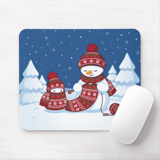 Snowman Knitting Christmas Scarf Mouse Pad (With Mouse)