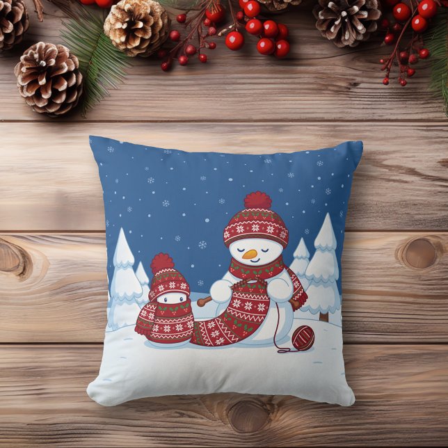 Snowman Knitting Christmas Scarf Throw Pillow (Creator Uploaded)