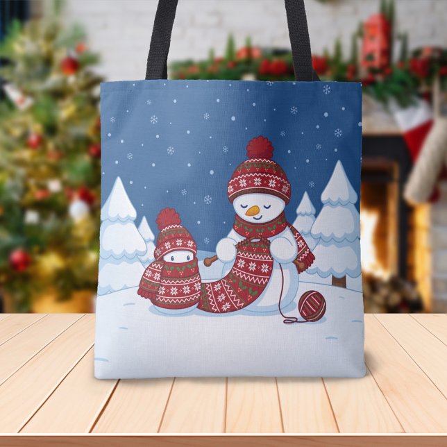 Snowman Knitting Christmas Scarf Tote Bag (Creator Uploaded)