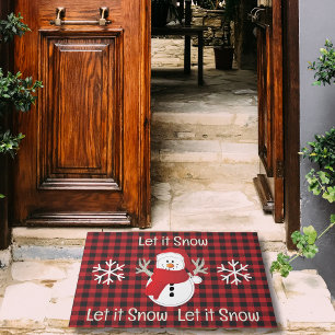 Snowman Let it Snow Red and Black Buffalo Plaid Doormat