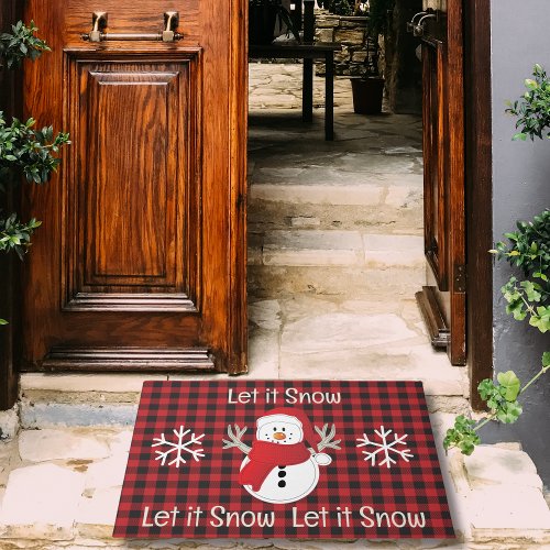 Snowman Let it Snow Red and Black Buffalo Plaid Doormat