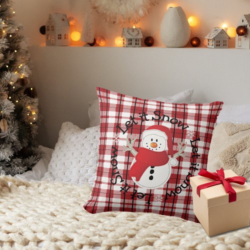 Snowman Let it Snow Red Black Personalized  Throw Pillow