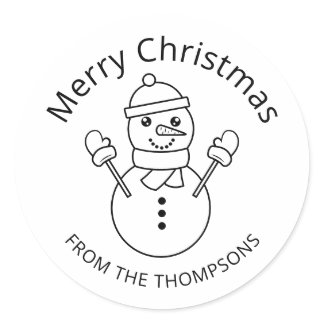 Snowman Line Art Illustration With Custom Text Classic Round Sticker